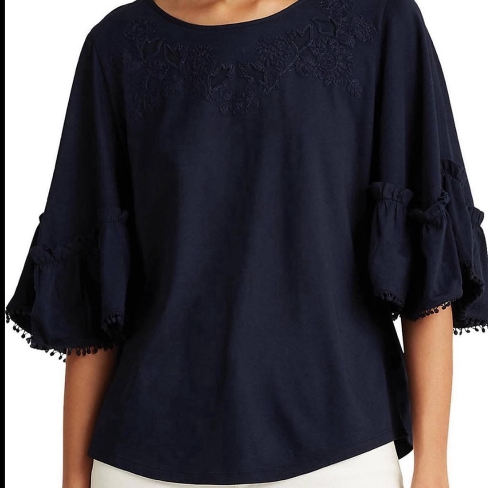 Lauren Ralph Lauren Navy Blue Embroidered Bell Sleeve Top - Size M - Boho Chic